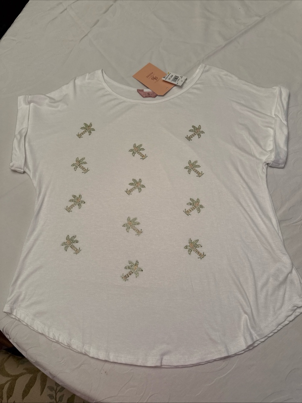 White Palm Embellished Short Sleeve Tee - petite large Women